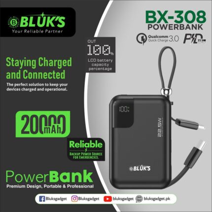 BLUK'S BX-308 20000mAh Power Bank – 22.5W PD Fast Charging Portable Charger