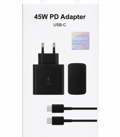 45W USB-C PD fast charging adapter with USB-C charging cable for Samsung and USB-C compatible devices.