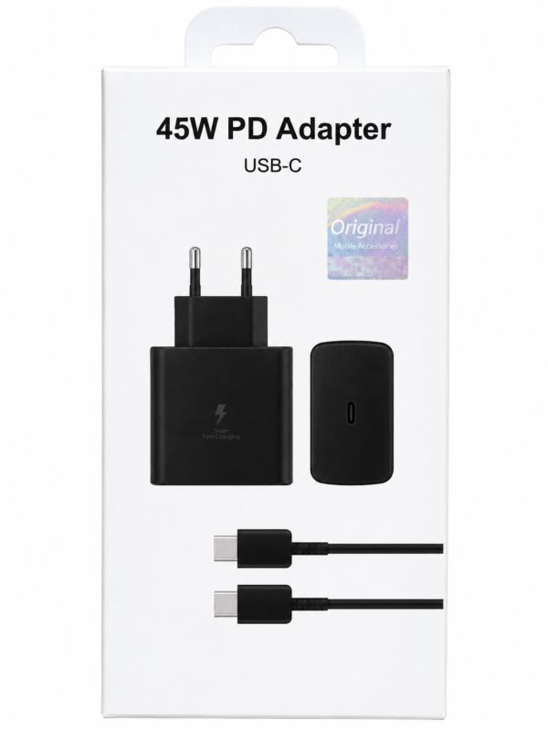 45W USB-C PD fast charging adapter with USB-C charging cable for Samsung and USB-C compatible devices.